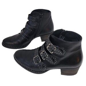 Paul Green Boots Soho Moto Silver Studded Black Leather Buckle Booties SZ US 6.5